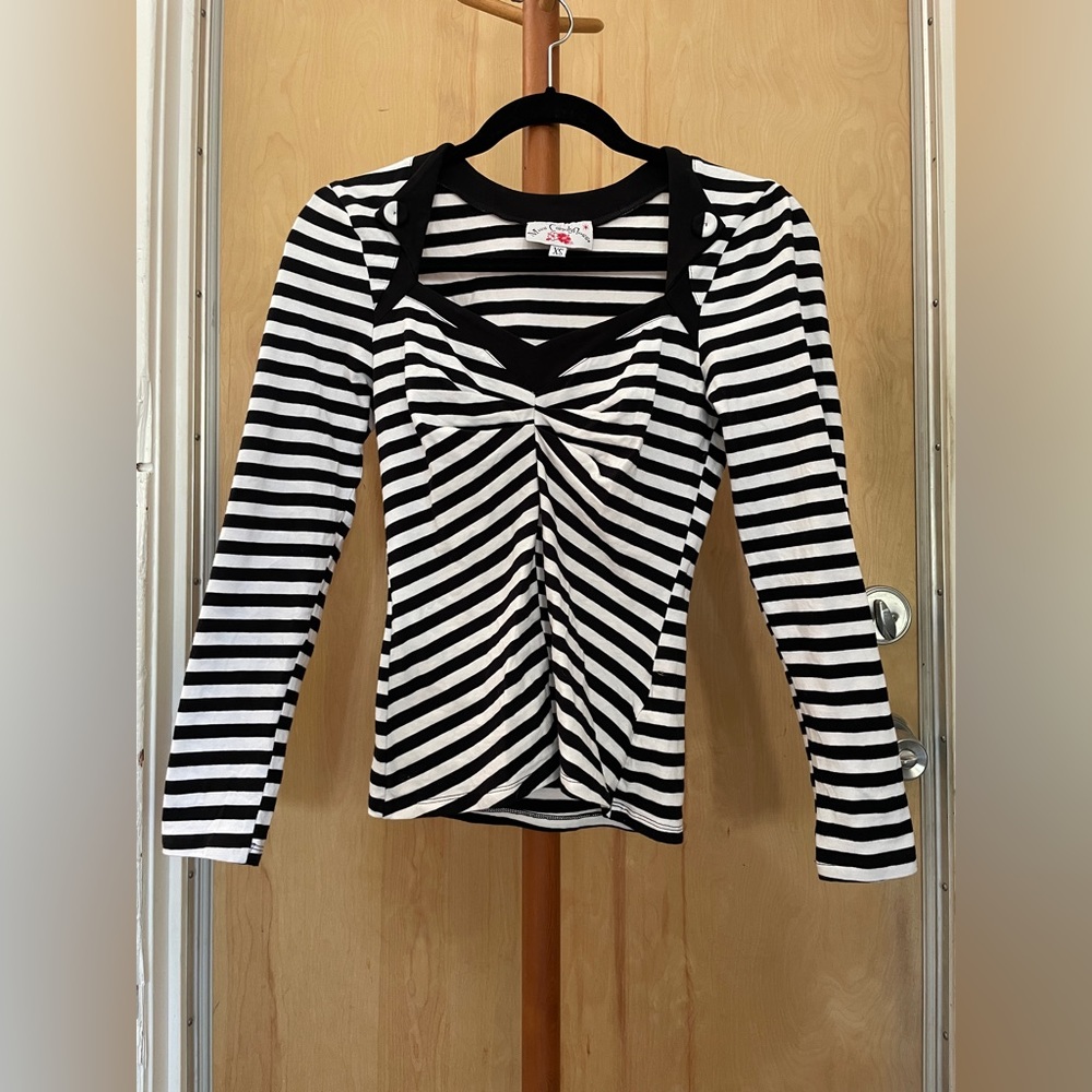 Miss Candyfloss black and white striped sweetheart neck top size XS
